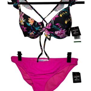 CALIFORNIA WAVES L/XL Mix&Match 2PC Floral Ruffle Scruch Bum Bikini Swimsuit NWT